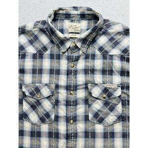 Lucky Brand Shirt Adult Large Gray Blue Plaid Pearl Snap Western Rancher Mens